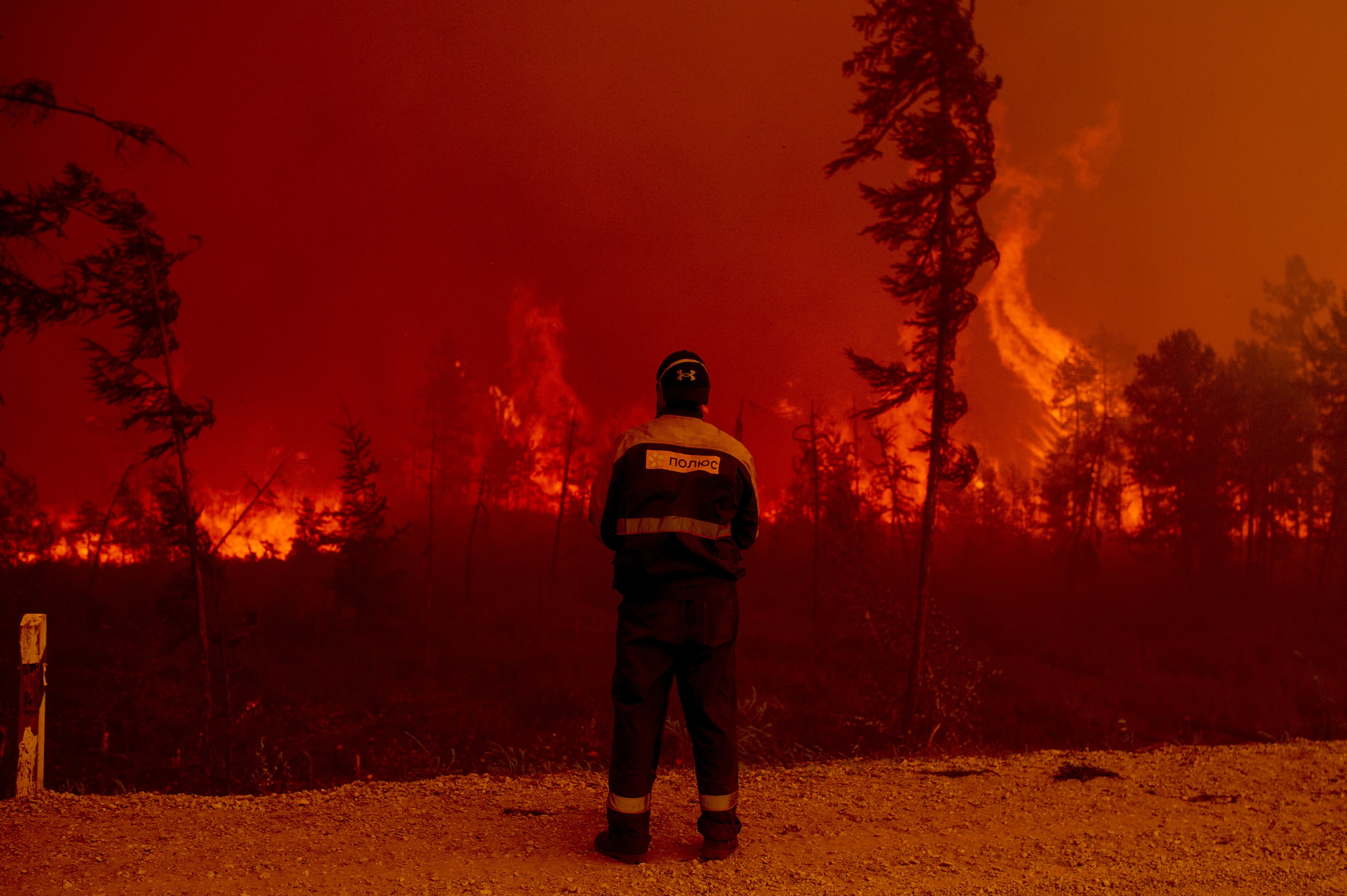 Ein Feuerwehrmann schaut auf einen großen Waldbrand